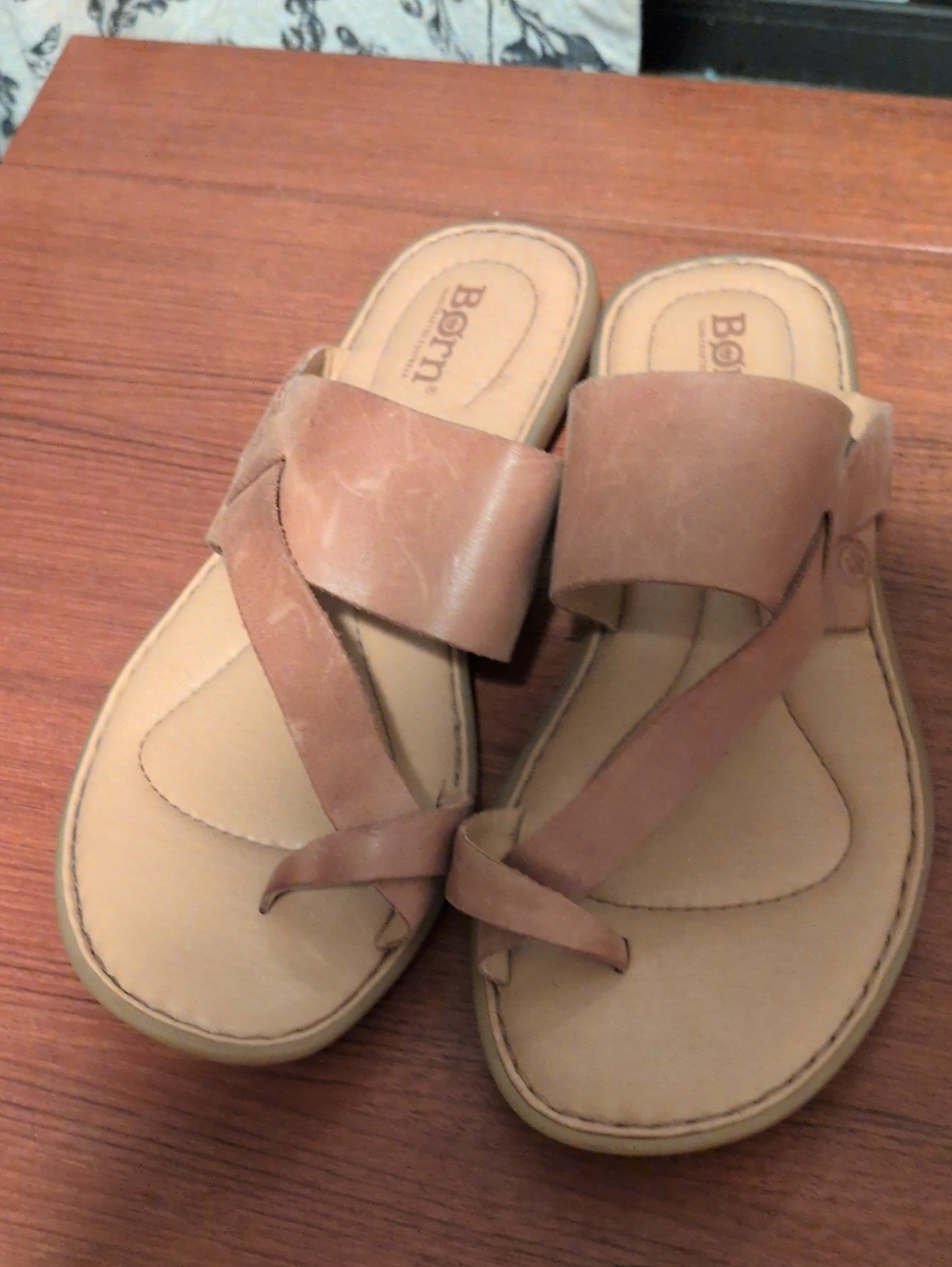 Born Tan Leather Toe-Loop Slide Sandals for Women
